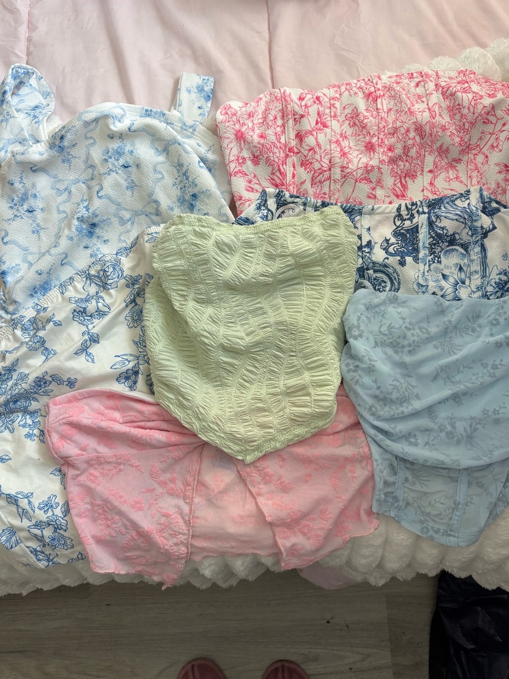 SHEIN Pastel Floral & Textured Strapless Bandeau Set - Pink, Blue, Mint, White